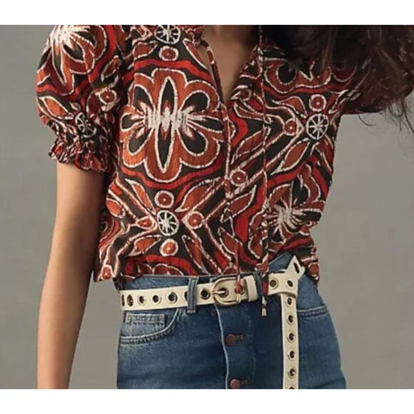 ~Rare The Odells Med Boho Top Vneck Tie Ruffle Short Balloon Sleeve Brown Rust - Picture 15 of 16